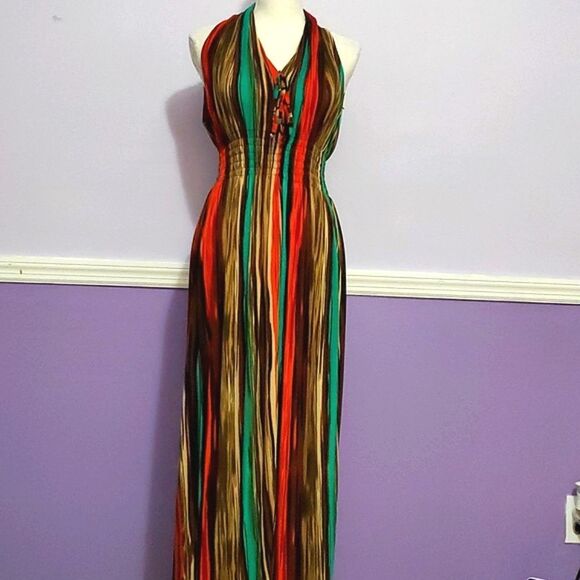 India Batik Colorful Striped High Neck Smocking Waist Jersey Maxi Dress - Picture 1 of 9